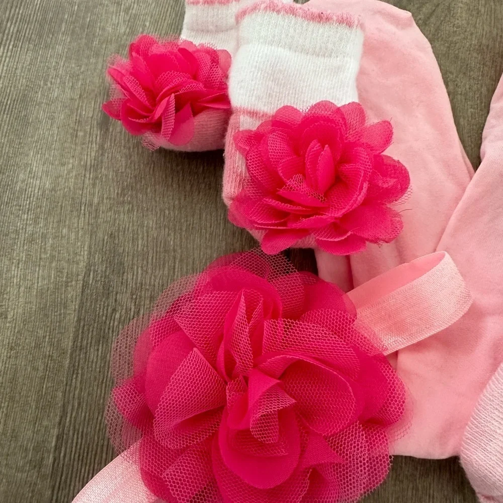0-6 m baby girl accessory lot -pantyhose, socks bundle, hair piece, hand booties